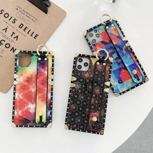 Luxury Glossy Geometric Wrist Strap Holder Phone Case For iPhone 12 11 XS MAX XR 7 8 Plus Square Diamond Pattern Wristband Cover