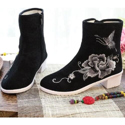 Spring Autumn New China Style Retro Thick Heels Embroider Zipper Sewing Canvas Women Ankle Short Equestrian Boots 20210701