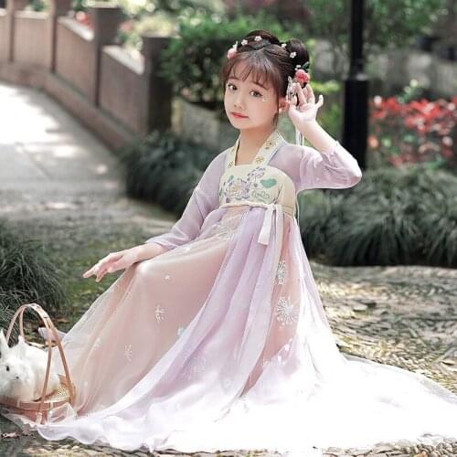 Girls Chinese Traditional Hanfu Costume New Kids Han Dynasty Dress Embroidery Tang Dynasty Princess Folk Dance Perform Cosplay