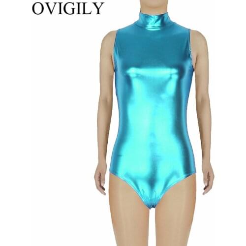 OVIGILY Women Shiny Metallic Sleeveless Dance Leotard Girls Black Turtleneck Gymnastics Leotards Dancewear Top Stage Performance