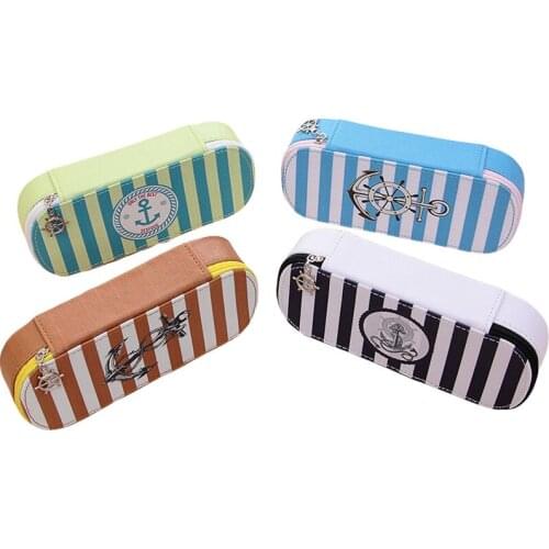 Fashion Navy Style PU Leather Stationery Creative Stripe Anchor Pattern Pencil Case Large Capacity Storage Pen Tool