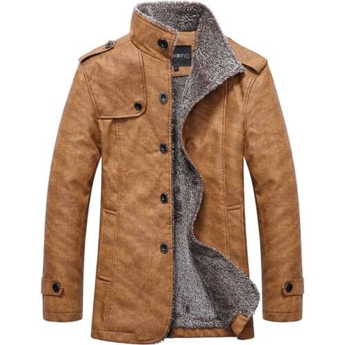 Winter Warm smart casual Jacket Men Solid Long Sleeve Faux PU Leather Coat Stand Collar Thick Slim Fit Men Jacket Trench Coats