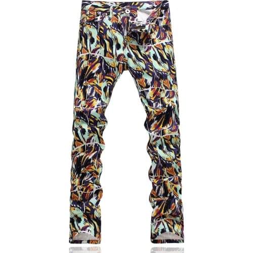 3D Mens Fashion Printed Skinny Jeans Male Casual Stretch Cotton Flower Pants Graffiti Painted Long Trousers