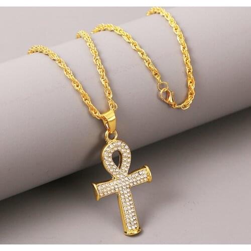 Classic Rhinestone Ankh Cross Pendants Necklaces Women Men Hip Hop Jewelry Fashion Gold Silver Color Long Chain Necklace Gifts