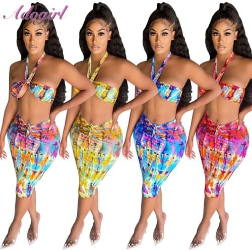 Sexy Tie Dye Print Two Piece Set Summer Skirt Suit Floral Halter Bra Tank Top Ruched Midi Skirt Outfit Beach Bikini Matching Set