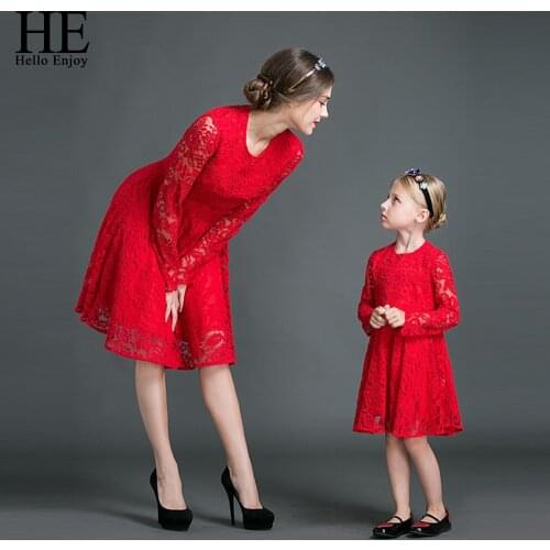 HE Hello Enjoy Mother Daughter Dresses Fall 2019 Family Matching Outfits Long sleeves Red Lace Dress Woman Clothes Look Girls