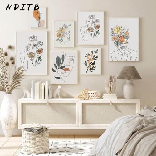 Simple Line Drawing Woman Art Poster Abstract Flower Canvas Painting Botanical Leaf Wall Print Modern Home Decoration Picture