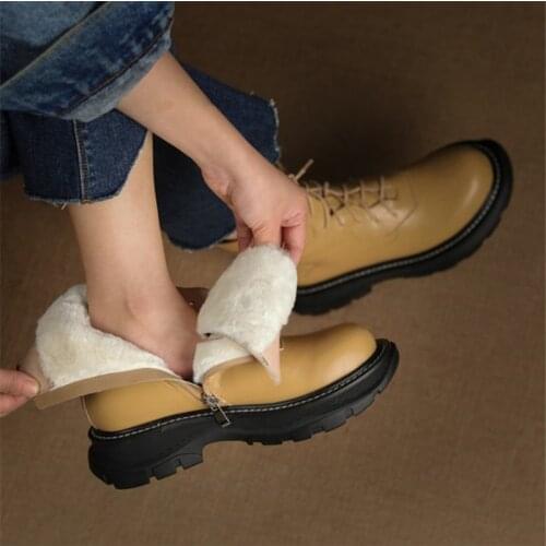 PXELENA Plus Size 34-42 Women Genuine Leather Fur Snow Boots Lace Up Round Toe Chunky Platform Winter Warm Plush Shoes Lady 2021