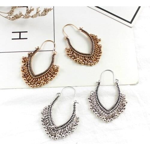 Vintage Bronze Water Drop Hollow Tassel Earrings Multi-layer Bead Pendant Oval Earrings Female National style Fashion Jewelry