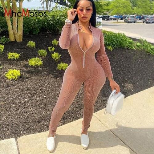 Women Ribbed One Piece Jumpsuit Ladies Zipper Front Long Sleeve Fitness Rompers Playsuits Plus Size Bodysuit 2021 New Style