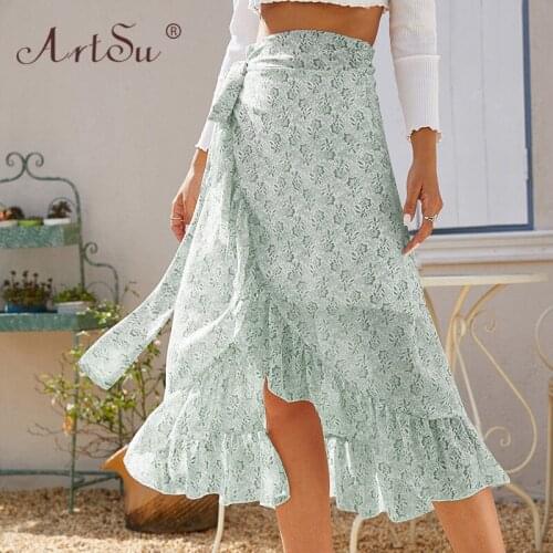 ArtSu Elegant Floral Print Long Maxi Summer Skirt Women Fashion 2021 Ruffles High Waist Lace Up Wrap Skirts Autumn Casual Skirt