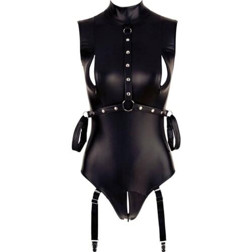 Women Pu Leather Bodysuits Sleeveless Mock Neck Turtleneck Bodysuit With Zip Black Sexy Costumes Sexy Bodysuit