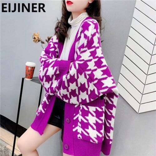 Women Cardigan Purple V-Neck Plaid Print Kawaii Knitted Sweater Coat Autumn Fashion Single-Breasted Oversized Vintage Cardigan