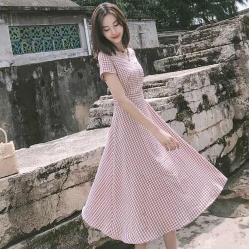 Dress Women Fresh Plaid Vintage V-neck Harajuku Simple Summer Midi Dresses Tunic Skinny Draped Student Elegant Clothes Leisure