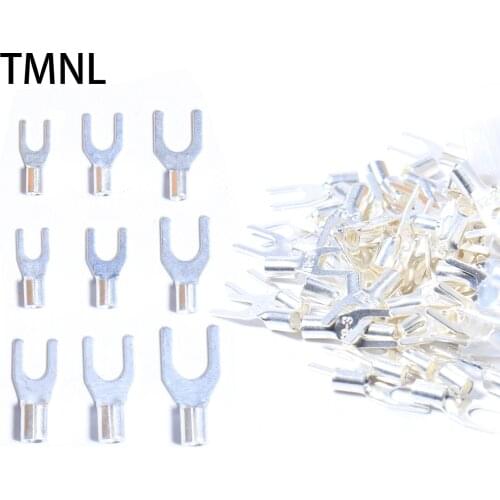 100PCS Cable Wire Connector Crimp UT Non-Insulated Ring Fork U-Type Plated Brass Terminals Kit Wiring Cold Pressed Copper Nose