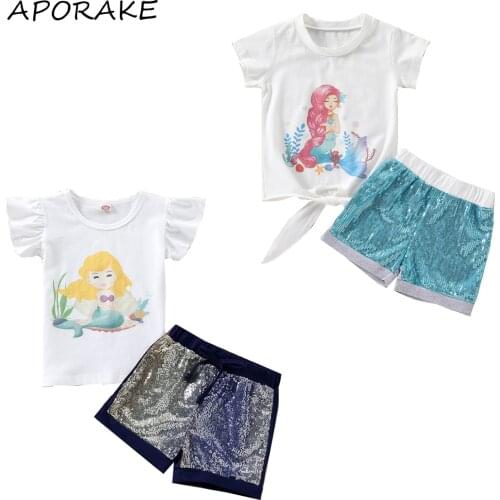 2021 2-7Y Fashion Kids Baby Girl Clothes Set Mermaid Print Short Sleeve Bandage T-shirt Top+Sequins Shorts Summer Outfits 2pcs