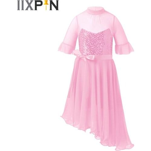 Girls Ballet Dress Kids Figure Skating Jumpsuit Dress Sequins Tulle Dance Gymnastics Leotard Dress Modern Lyrical Dance Costume