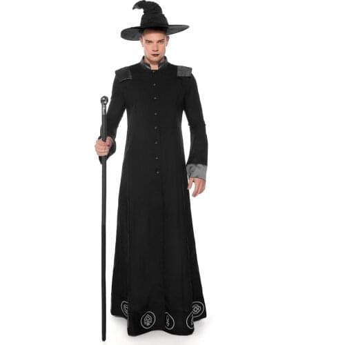 Adult Men Black Wizard Costume Halloween Dark Sorcerer Robe Religious Priest Cosplay Costume halloween costumes for men adult