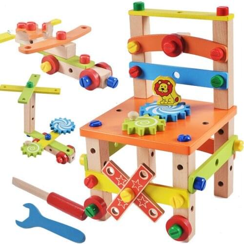 Kids Educational Montessori Toys Wooden Assembling Chair Toy Multifunctional Screw Nut Combination Chair DIY Repair Tool Boy Toy
