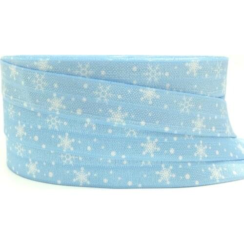 10Y 5/8" Merry Chirstmas FOE Elastic Blue Ribbon Snow Point Snowflake Printed Fold Over Elastic for Hair Accessory DIY Headwear