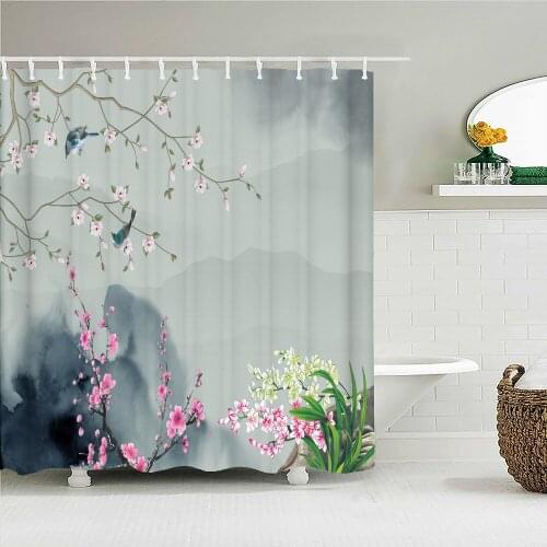 Chinese style beautiful flowers landscape painting artistic conception simple shower curtain bathroom layout home decoration