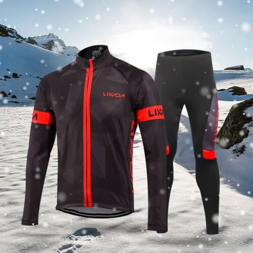 Lixada Mens Winter Thermal Fleece Cycling Clothing Set Long Sleeve Windproof Cycling Coat Jacket with 3D Padded Pants Trousers