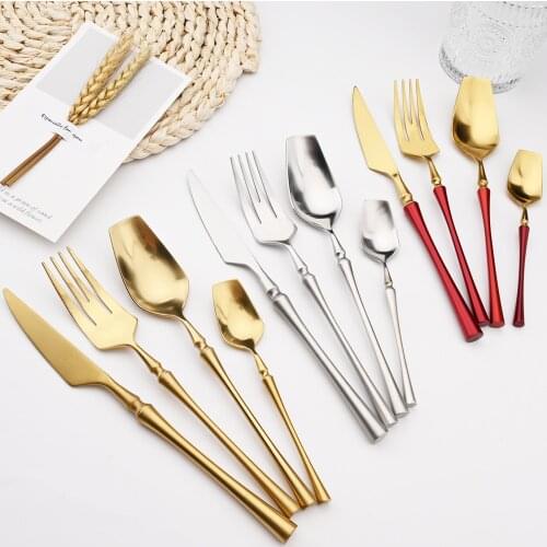 Matte 304 Stainless Steel Set Western Tableware Dinner Spoons Knife Set Golden Household Fork Teaspoons Silverware Kitchen Set