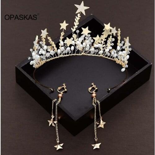 Trendy Gold Color Pentagram Bride Crown Jewelry Rhinestone Stars Crown Tiaras For Bride Princess Wedding Hair Jewelry PT