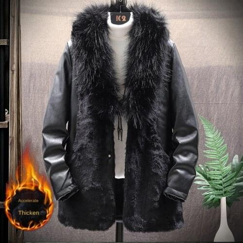 Autumn Winter Mens Fur Collar Mid-length PU Leather Coat Thicken Outwear Black White Warm Fleece Lining K50