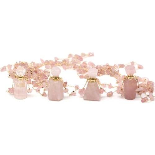 Natural Perfume Bottle Stone Pendants Necklace Rose Quartzs Essential Oil Diffuser Pendant Charms Crystal Copper Chain Jewelry