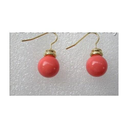 Stunning big 12mm round pink coral south sea shell pearl earrings Lovely Fine Nobility Ladys Womens Earrings
