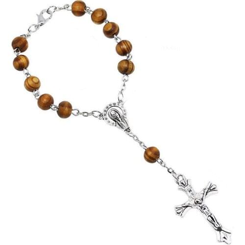 Religious Pray Jewelry Unisex Brown Wood Beads Rosary Bracelet Church Our Lady of Guadalupe Christ Catholic Cross Bracelets