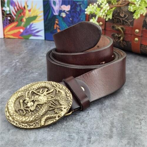Solid Brass Chinese Dragon Belt Buckle Luxury Mens Leather Belt Ceinture Western Cowboy Jeans 130CM Long Belt Male Wide MBT0058