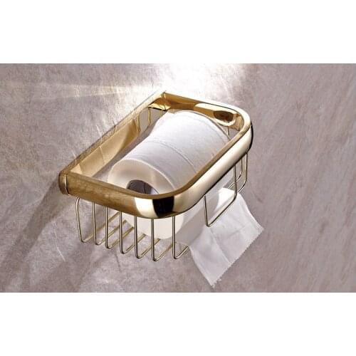 Luxury Polished Gold Color Brass Square Wall Mounted Bathroom Toilet Paper Roll Basket Holder Bathroom Accessory mba532