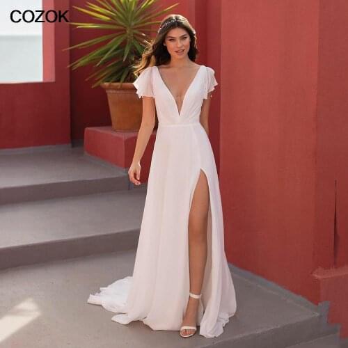 Chic Beading Belt Princess Wedding Dresses Chiffon Sexy High Slit V Neck Bridal Gowns Ivory Brides Dresses Customized