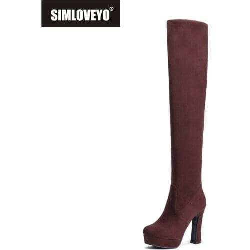SIMLOVEYO 2021 Sexy Ladies Over The Knee Boots Flock Slip On Foldable Platforms 11CM Block Heel US11 12 Black Brown Blue A4478
