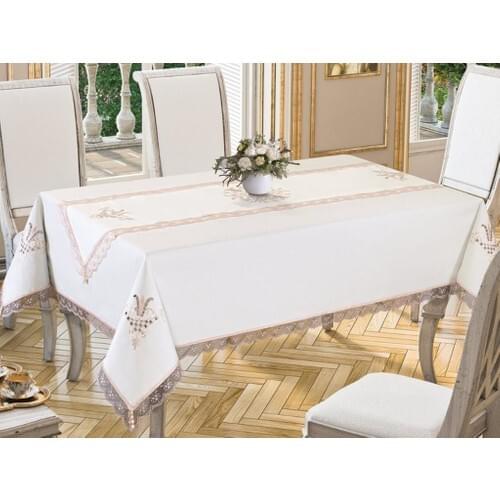 Land Of dowry Tulip Embroidered Crocheted Table Cloth and Runner 2 Piece