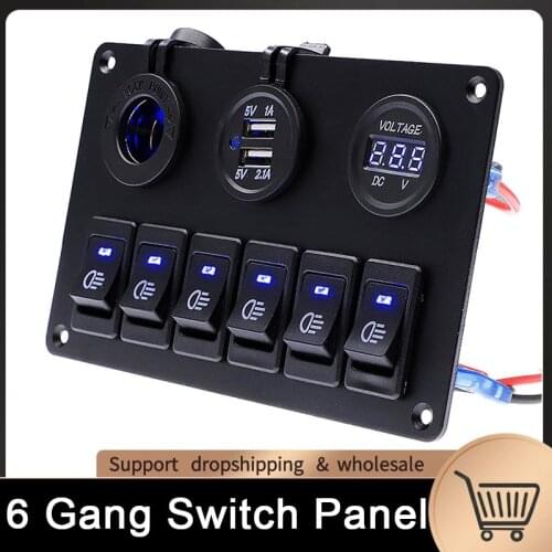 6 Gang Car Blue LED Circuit Rocker Switch Panel Dual USB Charger Marine Boat Rocker Switch Control Panel Set 12V 24V