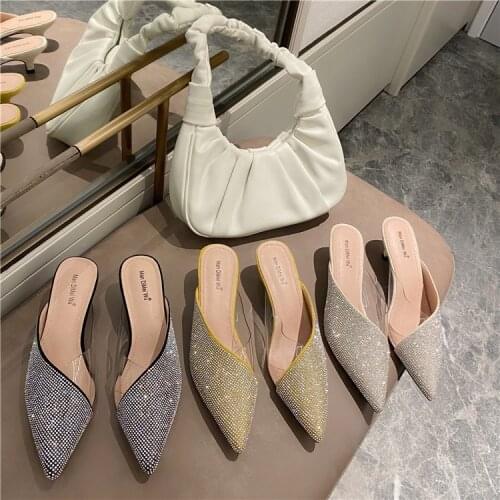 Spring 2021 New Fashion Pointed Womens Shoes Transparent Soft Glue Drill V-heeled Mid-heeled Slippers Bag Head Half-dragging