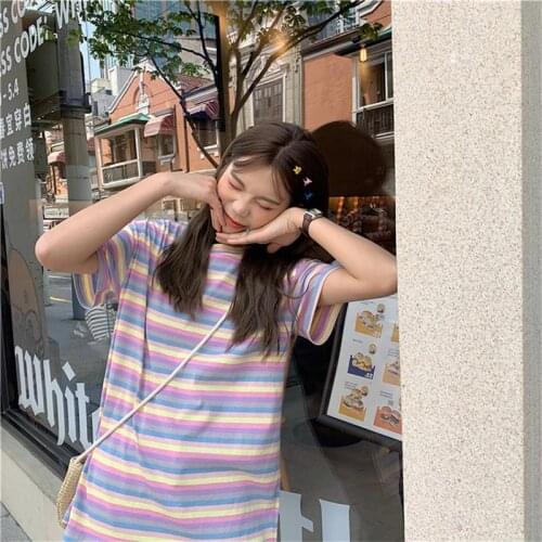 Loose Rainbow Striped T-shirt Female Korean Harajuku Womens T-shirts Tops Japanese Kawaii Ladies Ulzzang Clothes For Women