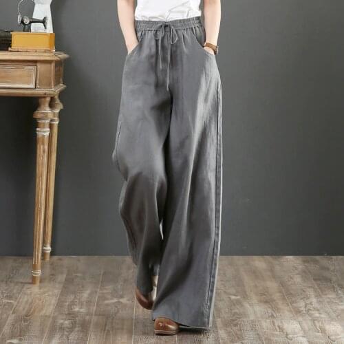 Pure linen Large size wide leg pants drawstring elastic waist cotton and linen women Trousers Summer Long Pants
