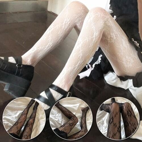 Women Black White Pantyhose Summer Rose Flower Pattern Thin Fishnet Socks Retro Style Lace Romper Clothing Accessories