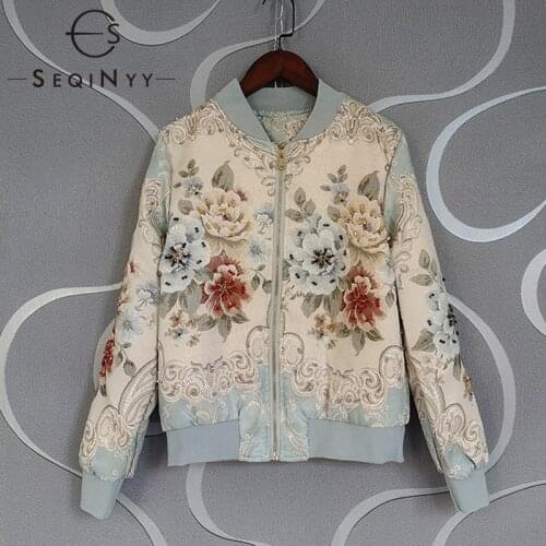 SEQINYY Spring Autumn Jacket New Fashion Design Women Beading Jacquard Vintage Flowers Printed Casual Top