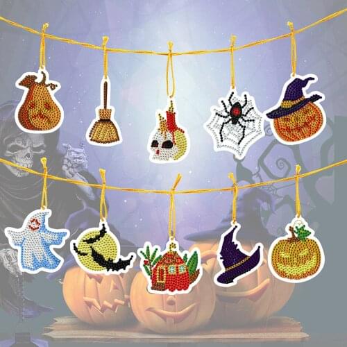 10Pcs Stylish Diamond Painting Pendants Full Drill Halloween Gift Pumpkin Spider Ghost Ornaments Mosaic Keychain Handcrafts