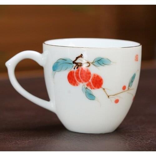 2pcs/lot Litchi Lotus Manual Paint Teacup Trace a Design in Gold Porcelain Teacup Chinese White Ceramic Tea Cup with Handle