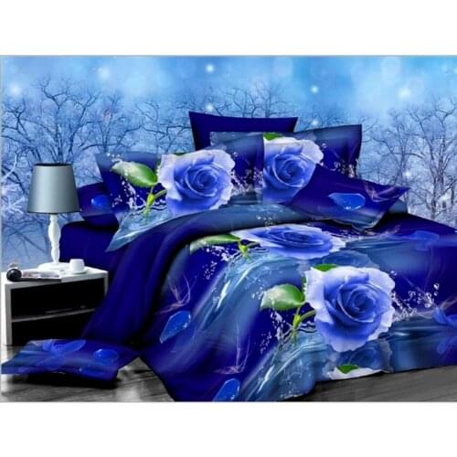 4PCS 3D Blue Rose Printed Bedding Pillowcase Quilt Cover Twin Bed Size Bedding Sets