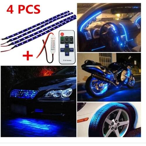 Universal 4PCS 30CM Blue LED Light Wireless Remote Control Motorcycle Flexible Strips Decoration Atmosphere Light