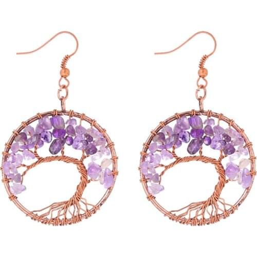 6Pair Tree of Life Copper Ear Drop Chip Stone Bead Reiki 7 Chakra Healing Natural Stone Small Earrings for Women Jewelry Free