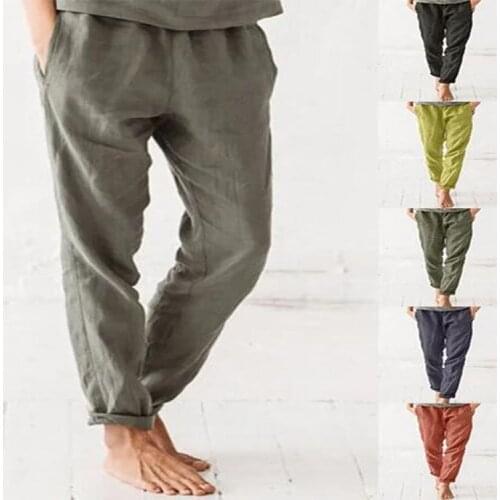 Womens Loose Cool Trousers Summer Fashion All-match Casual Elastic Waist Pure Color Cotton Linen Leisure Pants