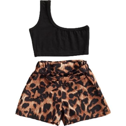 Citgeett Summer Kids Baby Girls Fashion 2-piece Outfit Set One Shoulder Tops+Leopard Shorts Set Clothes